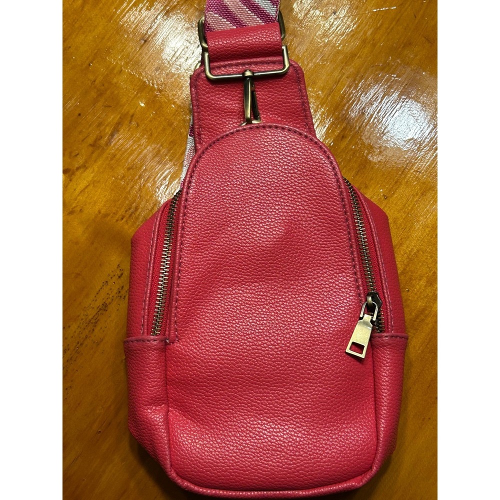Pink Pebbled Vegan Leather Sling Bag Zebra Guitar Strap Crossbody Backpack Y2K - Picture 2 of 13